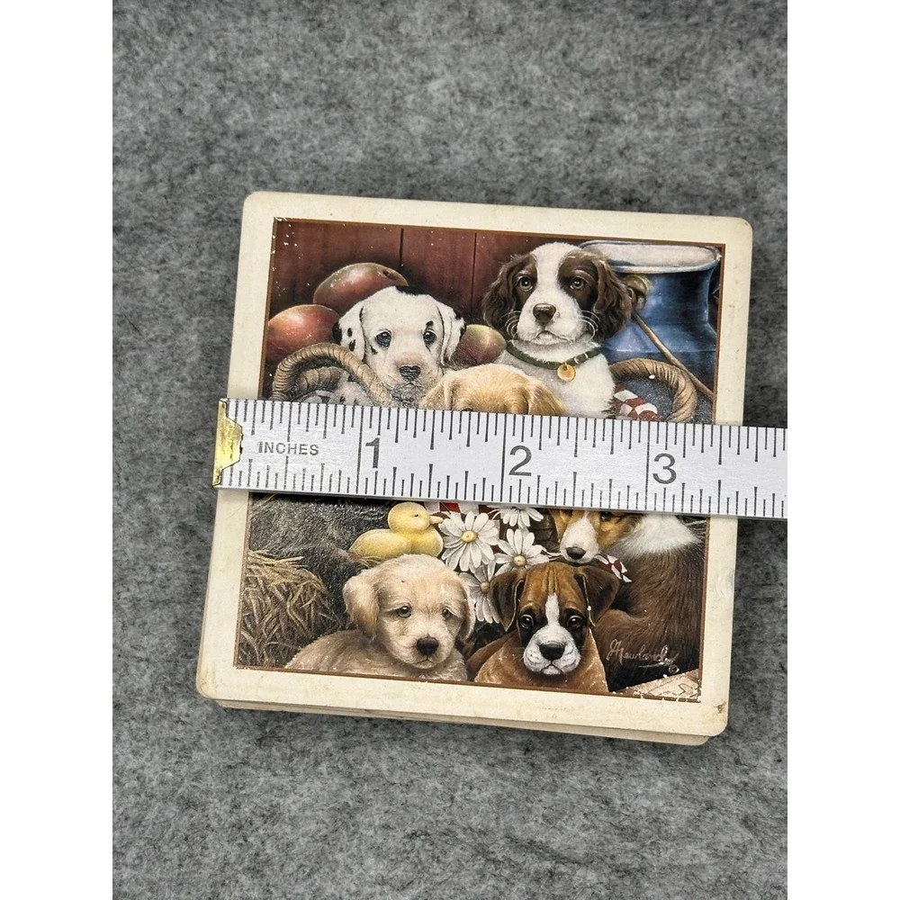 Vintage G Hanland Puppy Love Stone Coasters Set of 3 Cork Backed Dog Art 4x4